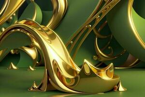 AI generated 3d rendering luxury green and golden abstract background. Pro Photo