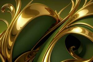 AI generated 3d rendering luxury green and golden abstract background. Pro Photo