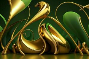 AI generated 3d rendering luxury green and golden abstract background. Pro Photo