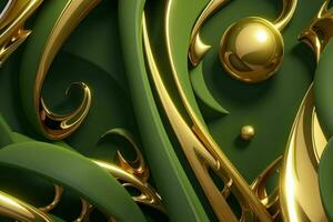 AI generated 3d rendering luxury green and golden abstract background. Pro Photo