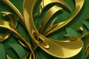 AI generated 3d rendering luxury green and golden abstract background. Pro Photo