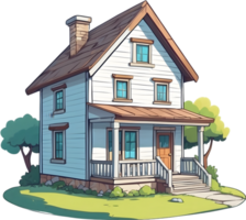 AI generated cartoon house with blue roof and porch png