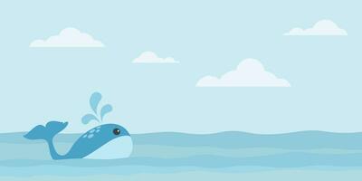 Cute whale swimming in the sea vector illustration. Whale in the ocean flat design have blank space.