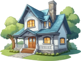 AI generated cartoon house with blue roof and porch png