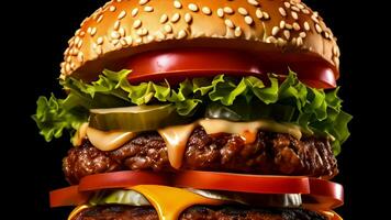 ai généré gourmet Burger la tour sur foncé toile de fond video