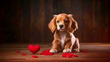 ai gerado spaniel cachorro com corações em madeira video