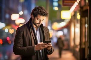 ai generado foto hermoso hombre utilizando teléfono inteligente y sonriendo.ai generado