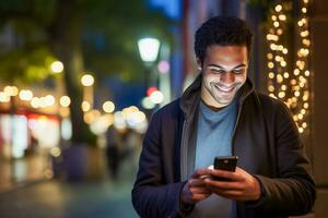 ai generado foto hermoso hombre utilizando teléfono inteligente y sonriendo.ai generado