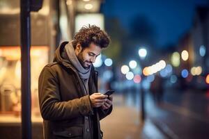 ai generado foto hermoso hombre utilizando teléfono inteligente y sonriendo.ai generado