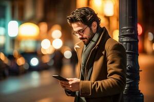 AI generated Photo handsome man using smartphone and smiling.AI Generated