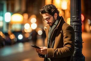 ai generado foto hermoso hombre utilizando teléfono inteligente y sonriendo.ai generado