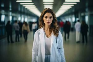 AI generated Medical concept beautiful female doctor in white coat, stethoscope, hospital background.AI Generated photo