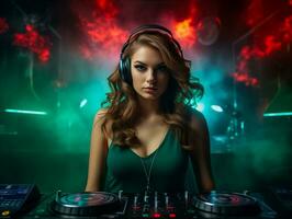 AI generated Young woman dj with sunglasses Smoke and Headphones playing music. Nightlife concept. AI Generated photo