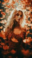 AI generated Beautiful young girl wearing dress aesthetic casual fashion style in Fall forest. AI Generated photo