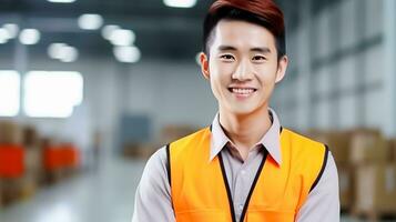 ai generado foto de joven asiático ingeniero hombre hermoso sonriente en naranja chaleco. fábrica obrero. ai generado