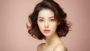 AI generated Portrait of beauty Asian or Korean girl with perfect skin. Skincare or cosmetic model.AI Generated photo