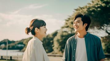 AI generated Happy and enjoying young Asian couple standing in the nature. Couple in love AI Generated photo