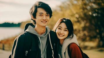 AI generated photo young asian couple standing in forest. male and female traveler relaxing and talking sweet couple laughing. AI Generated