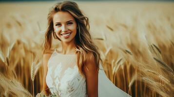 AI generated Beautiful Woman with Blonde Hair happy and smiling in a White Dress on a wheat field AI Generated photo