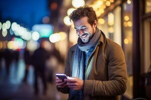 ai generado foto hermoso hombre utilizando teléfono inteligente y sonriendo.ai generado