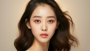 AI generated Portrait of beauty Asian or Korean girl with perfect skin. Skincare or cosmetic model.AI Generated photo