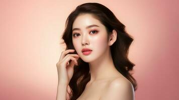 AI generated Beautiful young Asian model wearing dress white casual fashion style, with perfect fresh clean skin youth and skin care concept . AI Generated. photo