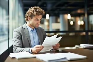 AI generated portrait of a handsome businessman holding document while working on a computer at his desk .AI Generated photo