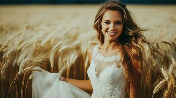 ai generado hermosa mujer con rubia pelo contento y sonriente en un blanco vestir en un trigo campo ai generado foto