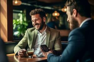 ai generado foto empresario y colegas sonriente y tomar un café, trabajo en equipo a oficina.ai generado.