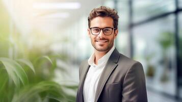 AI generated handsome businessman happy and smiling. young man in smart suit posing in office with suit . AI Generated photo