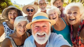 ai generado grupo de elegante mirando mayor personas tomando selfie con teléfono inteligente, contento y sonriendo.ai generado foto