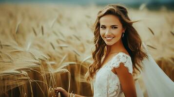 AI generated Beautiful Woman with Blonde Hair happy and smiling in a White Dress on a wheat field AI Generated photo