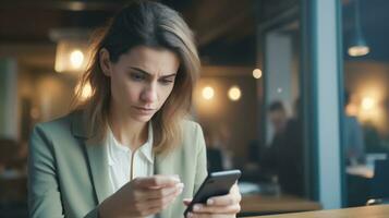 ai generado retrato de ocupado mujer de negocios preocupante acerca de problemas teniendo sitio en su oficina. ai generado foto