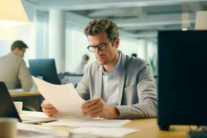 AI generated portrait of a handsome businessman holding document while working on a computer at his desk .AI Generated photo