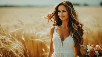 ai generado novia durante un Boda a un foto disparar en el campo niña en un blanco vestir en un trigo campo en puesta de sol ai generado