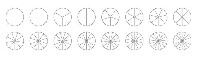 Segmented charts. Pizza chart template. Set of pie charts. Many number of sectors divide the circle on equal parts. Collection of segments infographic. Diagram wheel parts. Outline black thin graphics vector