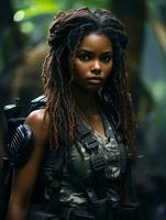 AI generated Dark-skinned young girl in full length military uniform with weapon in hand in the jungle. Powered by Artificial Intelligence. photo