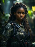 AI generated Dark-skinned young girl in full length military uniform with weapon in hand in the jungle. Powered by Artificial Intelligence. photo