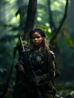 AI generated Dark-skinned young girl in full length military uniform with weapon in hand in the jungle. Powered by Artificial Intelligence. photo