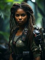 AI generated Dark-skinned young girl in full length military uniform with weapon in hand in the jungle. Powered by Artificial Intelligence. photo