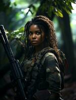 AI generated Dark-skinned young girl in full length military uniform with weapon in hand in the jungle. Powered by Artificial Intelligence. photo