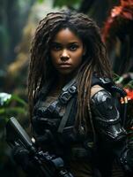 AI generated Dark-skinned young girl in full length military uniform with weapon in hand in the jungle. Powered by Artificial Intelligence. photo