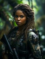 AI generated Dark-skinned young girl in full length military uniform with weapon in hand in the jungle. Powered by Artificial Intelligence. photo