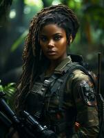 AI generated Dark-skinned young girl in full length military uniform with weapon in hand in the jungle. Powered by Artificial Intelligence. photo