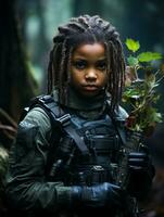 AI generated Dark-skinned young girl in full length military uniform with weapon in hand in the jungle. Powered by Artificial Intelligence. photo