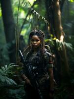 AI generated Dark-skinned young girl in full length military uniform with weapon in hand in the jungle. Powered by Artificial Intelligence. photo