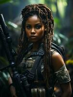 AI generated Dark-skinned young girl in full length military uniform with weapon in hand in the jungle. Powered by Artificial Intelligence. photo
