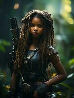 AI generated Dark-skinned young girl in full length military uniform with weapon in hand in the jungle. Powered by Artificial Intelligence. photo