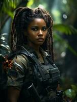 AI generated Dark-skinned young girl in full length military uniform with weapon in hand in the jungle. Powered by Artificial Intelligence. photo