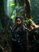 AI generated Dark-skinned young girl in full length military uniform with weapon in hand in the jungle. Powered by Artificial Intelligence. photo